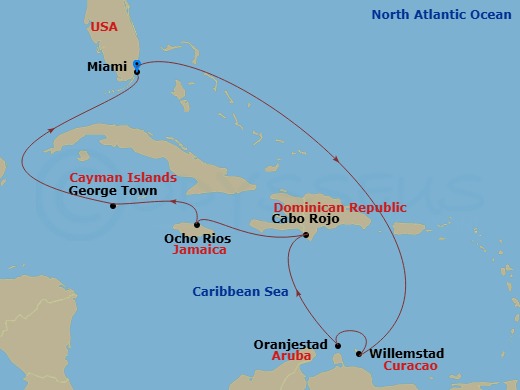 10 Night - Caribbean and Antilles - MSC Poesia - Starting in Miami, Florida, Willemstad AN, Curacao, Oranjestad, Aruba, Cabo Rojo, Dominican Republic, Ocho Rios, Jamaica, George Town, Cayman Islands, Miami, Florida itinerary map