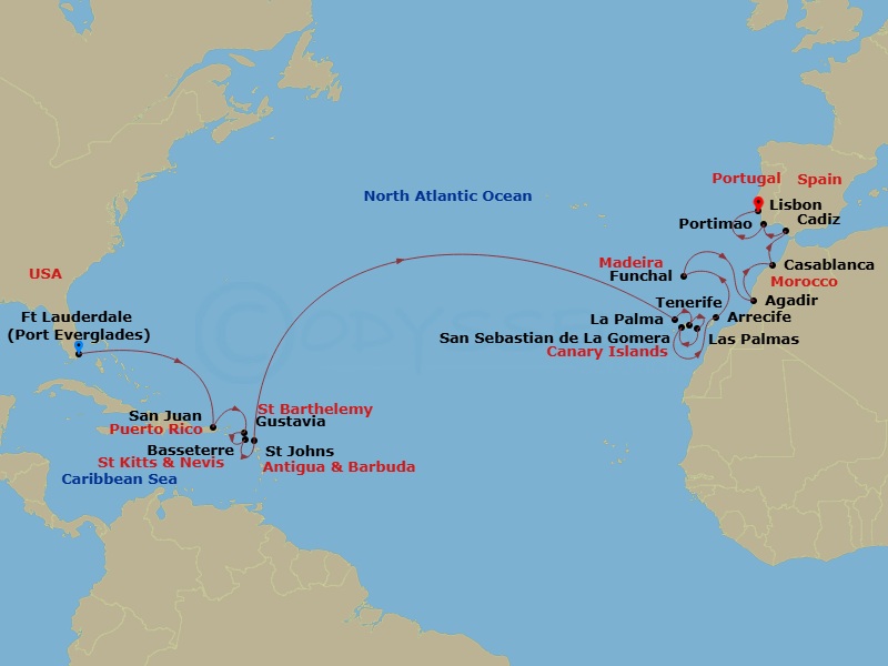 24 Night - Transoceanic - Crystal Symphony - Starting in Fort Lauderdale, San Juan, Gustavia, St Barthelemy, St Kitts (Basseterre), St Johns AG, Santa Cruz de La Palma, Santa Cruz de Tenerife, Canary Islands (Las Palmas), San Sebastian (La Gomera), Arrecife, Canary Islands, Funchal, Agadir, Casablanca, Morocco, Cadiz, Portimao, Lisbon itinerary map