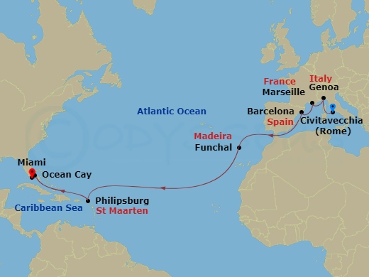MSC Poesia - 17 Night - Msc Grand Voyages - MSC Poesia - Starting in Civitavecchia (Rome), Italy, Genoa (Portofino), Italy, Marseille (Provence), France, Barcelona, Spain,.. itinerary map