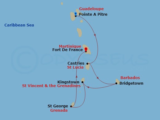 6 Night - South Caribbean - MSC Virtuosa - Starting in Pointe-A-Pitre, Guadeloupe, Castries, Saint Lucia, Bridgetown, Barbados, Kingstown, St Vincent and the Grenadines, Saint George, Grenada, Fort-de-France, Martinique itinerary map