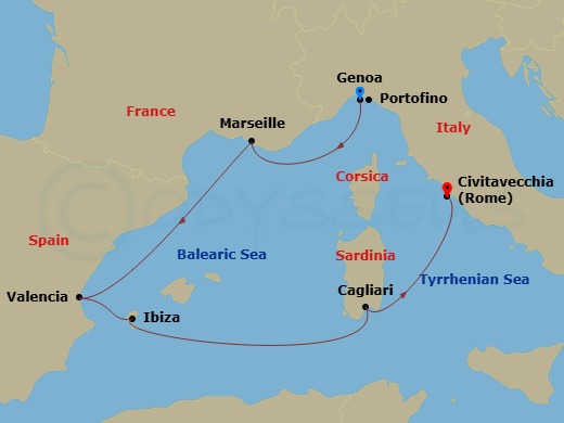 6 Night - Mediterranean - MSC Musica - Starting in Genoa (Portofino), Italy, Marseille (Provence), France, Valencia, Spain, Ibiza (Balearic Islands), Spain, Cagliari (Sardinia), Italy, Civitavecchia (Rome), Italy itinerary map