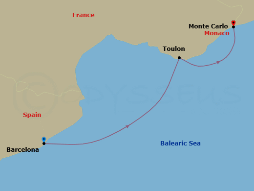 3 Night - Europe & Mediterranean - Crystal Serenity - Starting in Barcelona, Toulon, Monte Carlo itinerary map