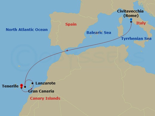 6 Night - Canary Islands and Madeira - MSC Fantasia - Starting in Civitavecchia (Rome), Italy, Las Palmas de Gran Canaria (Canary Islands), Spain, Arrecife De Lanzarote (Canary Islands), Spain, Santa Cruz de Tenerife itinerary map