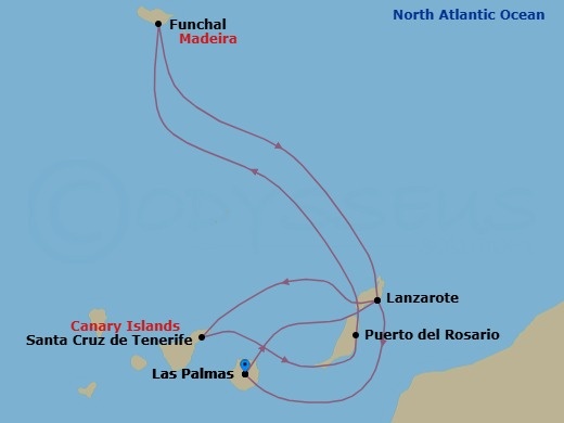 7 Night - Canary Islands and Madeira - MSC Fantasia - Starting in Las Palmas de Gran Canaria (Canary Islands), Spain, Arrecife De Lanzarote (Canary Islands), Spain, Santa Cruz de Tenerife, Puerto Del Rosario / Fuerteventura, Spain, Funchal (Madeira Islands), Portugal, Arrecife De Lanzarote (Canary Islands), Spain, Las Palmas de Gran Canaria (Canary Islands), Spain itinerary map