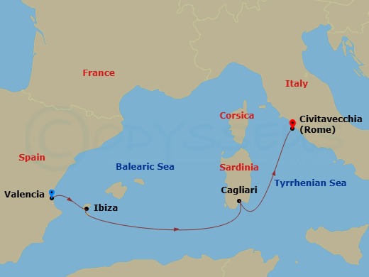 4 Night - Mediterranean - MSC Musica - Starting in Valencia, Spain, Ibiza (Balearic Islands), Spain, Cagliari (Sardinia), Italy, Civitavecchia (Rome), Italy itinerary map