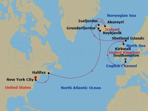 15 Night - Fire & Ice Explorer - Regal Princess - Starting in Southampton (for London), England, Orkney Islands (Kirkwall), Scotland, Shetland Islands (Lerwick), Scotland, Akureyri, Iceland, Isafjordur, Iceland, Grundarfjordur, Iceland, Reykjavik, Iceland, Halifax, Canada, New York City (Manhattan or Brooklyn), New York itinerary map