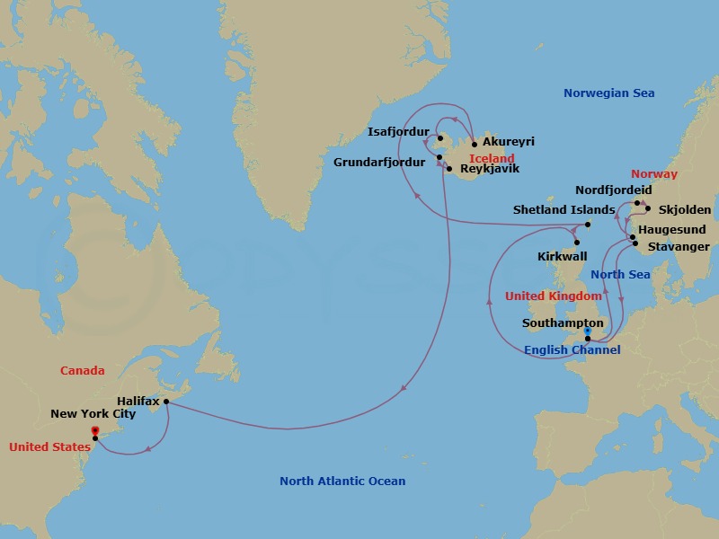 22 Night - Fire, Ice & Norwegian Grand Adventure - Regal Princess - Starting in Southampton (for London), England, Haugesund, Norway, Nordfjordeid, Norway, Skjolden / Sognefjord, Norway, Stavanger, Norway, Southampton (for London), England, Orkney Islands (Kirkwall), Scotland, Shetland Islands (Lerwick), Scotland, Akureyri, Iceland, Isafjordur, Iceland, Grundarfjordur, Iceland, Reykjavik, Iceland, Halifax, Canada, New York City (Manhattan or Brooklyn), New York itinerary map