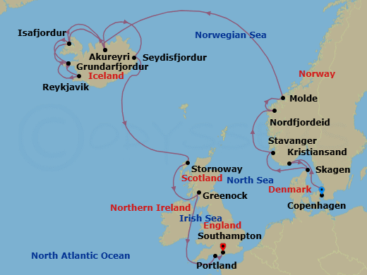 20 Night - Viking Fjords & British Isles Adventure - Regal Princess - Starting in Copenhagen, Denmark, Kristiansand, Norway, Skagen, Denmark, Stavanger, Norway, Nordfjordeid, Norway, Molde, Norway, Akureyri, Iceland, Isafjordur, Iceland, Grundarfjordur, Iceland, Reykjavik, Iceland, Grundarfjordur, Iceland, Isafjordur, Iceland, Akureyri, Iceland, Seydisfjordur, Iceland, Stornoway, Scotland, Glasgow (Greenock), Scotland, Portland UK, Southampton (for London), England itinerary map