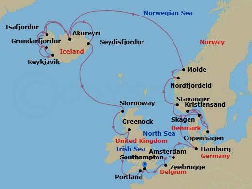 27 Night - Northern Capitals & Viking Fjords Explorer - Regal Princess - Starting in Southampton (for London), England, Zeebrugge (for Brussels / Bruges), Belgium, Amsterdam, Netherlands, Hamburg, Germany (for Berlin), Skagen, Denmark, Copenhagen, Denmark, Kristiansand, Norway, Skagen, Denmark, Stavanger, Norway, Nordfjordeid, Norway, Molde, Norway, Akureyri, Iceland, Isafjordur, Iceland, Grundarfjordur, Iceland, Reykjavik, Iceland, Grundarfjordur, Iceland, Isafjordur, Iceland, Akureyri, Iceland, Seydisfjordur, Iceland, Stornoway, Scotland, Glasgow (Greenock), Scotland, Portland UK, Southampton (for London), England itinerary map