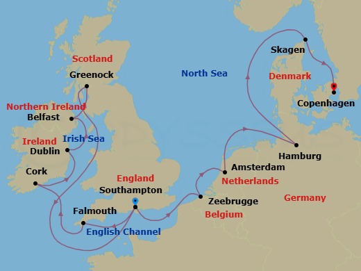 15 Night - Northern Capitals & British Isles Adventure - Regal Princess - Starting in Southampton (for London), England, Cornwall (Falmouth), England, Cork, Ireland (Cobh / for Blarney Castle), Dublin (Dun Laoghaire), Ireland, Belfast, Northern Ireland, Glasgow (Greenock), Scotland, Southampton (for London), England, Zeebrugge (for Brussels / Bruges), Belgium, Amsterdam, Netherlands, Hamburg, Germany (for Berlin), Skagen, Denmark, Copenhagen, Denmark itinerary map