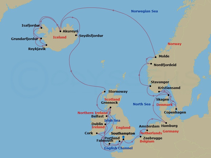 35 Night - British Isles, Norway & Iceland Explorer - Regal Princess - Starting in Southampton (for London), England, Cornwall (Falmouth), England, Cork, Ireland (Cobh / for Blarney Castle), Dublin (Dun Laoghaire), Ireland, Belfast, Northern Ireland, Glasgow (Greenock), Scotland, Southampton (for London), England, Zeebrugge (for Brussels / Bruges), Belgium, Amsterdam, Netherlands, Hamburg, Germany (for Berlin), Skagen, Denmark, Copenhagen, Denmark, Kristiansand, Norway, Skagen, Denmark, Stavanger, Norway, Nordfjordeid, Norway, Molde, Norway, Akureyri, Iceland, Isafjordur, Iceland, Grundarfjordur, Iceland, Reykjavik, Iceland, Grundarfjordur, Iceland, Isafjordur, Iceland, Akureyri, Iceland, Seydisfjordur, Iceland, Stornoway, Scotland, Glasgow (Greenock), Scotland, Portland UK, Southampton (for London), England itinerary map
