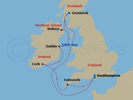 8 Night - Irish Counties & Scottish Shores - Regal Princess - Starting in Southampton (for London), England, Cornwall (Falmouth), England, Cork, Ireland (Cobh / for Blarney Castle), Dublin (Dun Laoghaire), Ireland, Belfast, Northern Ireland, Glasgow (Greenock), Scotland, Southampton (for London), England itinerary map
