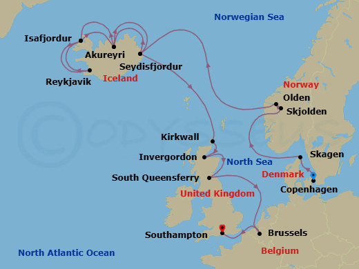19 Night - Viking Fjords & Scottish Highlands Adventure - Regal Princess - Starting in Copenhagen, Denmark, Skagen, Denmark, Hardangerfjord (Scenic Cruising), Norway, Skjolden / Sognefjord, Norway, Olden, Norway, Seydisfjordur, Iceland, Akureyri, Iceland, Isafjordur, Iceland, Reykjavik, Iceland, Isafjordur, Iceland, Akureyri, Iceland, Seydisfjordur, Iceland, Orkney Islands (Kirkwall), Scotland, Invergordon, Scotland, Edinburgh (South Queensferry), Scotland, Zeebrugge (for Brussels / Bruges), Belgium, Southampton (for London), England itinerary map