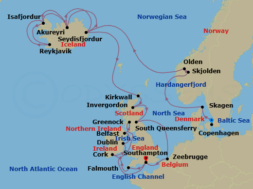 27 Night - British Isles & Viking Fjords Explorer - Regal Princess - Starting in Copenhagen, Denmark, Skagen, Denmark, Hardangerfjord (Scenic Cruising), Norway, Skjolden / Sognefjord, Norway, Olden, Norway, Seydisfjordur, Iceland, Akureyri, Iceland, Isafjordur, Iceland, Reykjavik, Iceland, Isafjordur, Iceland, Akureyri, Iceland, Seydisfjordur, Iceland, Orkney Islands (Kirkwall), Scotland, Invergordon, Scotland, Edinburgh (South Queensferry), Scotland, Zeebrugge (for Brussels / Bruges), Belgium, Southampton (for London), England, Cornwall (Falmouth), England, Cork, Ireland (Cobh / for Blarney Castle), Dublin (Dun Laoghaire), Ireland, Belfast, Northern Ireland, Glasgow (Greenock), Scotland, Southampton (for London), England itinerary map