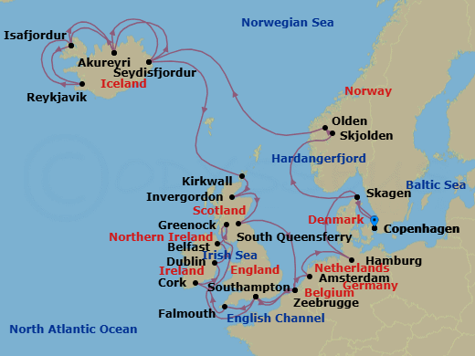 34 Night - Northern Capitals & Viking Fjords Explorer - Regal Princess - Starting in Copenhagen, Denmark, Skagen, Denmark, Hardangerfjord (Scenic Cruising), Norway, Skjolden / Sognefjord, Norway, Olden, Norway, Seydisfjordur, Iceland, Akureyri, Iceland, Isafjordur, Iceland, Reykjavik, Iceland, Isafjordur, Iceland, Akureyri, Iceland, Seydisfjordur, Iceland, Orkney Islands (Kirkwall), Scotland, Invergordon, Scotland, Edinburgh (South Queensferry), Scotland, Zeebrugge (for Brussels / Bruges), Belgium, Southampton (for London), England, Cornwall (Falmouth), England, Cork, Ireland (Cobh / for Blarney Castle), Dublin (Dun Laoghaire), Ireland, Belfast, Northern Ireland, Glasgow (Greenock), Scotland, Southampton (for London), England, Zeebrugge (for Brussels / Bruges), Belgium, Amsterdam, Netherlands, Hamburg, Germany (for Berlin), Skagen, Denmark, Copenhagen, Denmark itinerary map