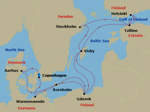 15 Night - Baltic Treasures Adventure - Regal Princess - Starting in Copenhagen, Denmark, Warnemunde (for Berlin), Germany, Bornholm, Denmark, Gdansk (Gdynia), Poland, Visby, Sweden, Tallinn, Estonia, Helsinki, Finland, Tallinn, Estonia, Stockholm, Sweden, Visby, Sweden, Gdansk (Gdynia), Poland, Bornholm, Denmark, Aarhus, Denmark, Copenhagen, Denmark itinerary map