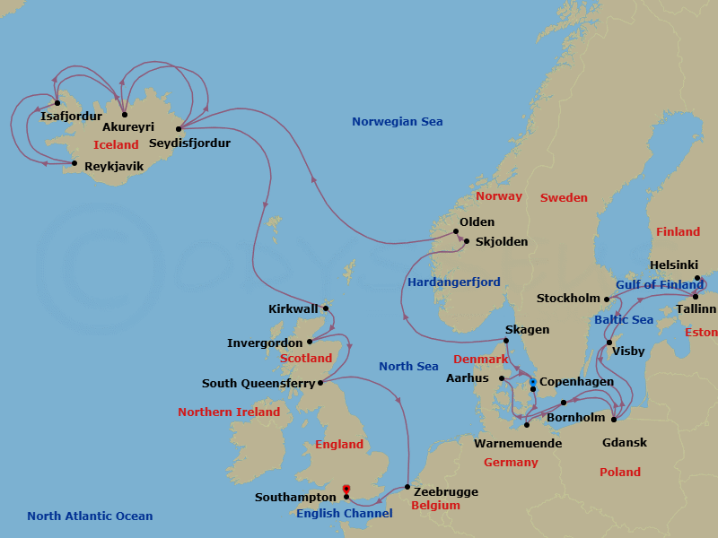 34 Night - Scandinavia & Viking Fjords Explorer - Regal Princess - Starting in Copenhagen, Denmark, Warnemunde (for Berlin), Germany, Bornholm, Denmark, Gdansk (Gdynia), Poland, Visby, Sweden, Tallinn, Estonia, Helsinki, Finland, Tallinn, Estonia, Stockholm, Sweden, Visby, Sweden, Gdansk (Gdynia), Poland, Bornholm, Denmark, Aarhus, Denmark, Copenhagen, Denmark, Skagen, Denmark, Hardangerfjord (Scenic Cruising), Norway, Skjolden / Sognefjord, Norway, Olden, Norway, Seydisfjordur, Iceland, Akureyri, Iceland, Isafjordur, Iceland, Reykjavik, Iceland, Isafjordur, Iceland, Akureyri, Iceland, Seydisfjordur, Iceland, Orkney Islands (Kirkwall), Scotland, Invergordon, Scotland, Edinburgh (South Queensferry), Scotland, Zeebrugge (for Brussels / Bruges), Belgium, Southampton (for London), England itinerary map