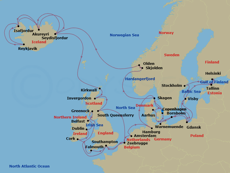 49 Night - Northern Europe Explorer - Regal Princess - Starting in Copenhagen, Denmark, Warnemunde (for Berlin), Germany, Bornholm, Denmark, Gdansk (Gdynia), Poland, Visby, Sweden, Tallinn, Estonia, Helsinki, Finland, Tallinn, Estonia, Stockholm, Sweden, Visby, Sweden, Gdansk (Gdynia), Poland, Bornholm, Denmark, Aarhus, Denmark, Copenhagen, Denmark, Skagen, Denmark, Hardangerfjord (Scenic Cruising), Norway, Skjolden / Sognefjord, Norway, Olden, Norway, Seydisfjordur, Iceland, Akureyri, Iceland, Isafjordur, Iceland, Reykjavik, Iceland, Isafjordur, Iceland, Akureyri, Iceland, Seydisfjordur, Iceland, Orkney Islands (Kirkwall), Scotland, Invergordon, Scotland, Edinburgh (South Queensferry), Scotland, Zeebrugge (for Brussels / Bruges), Belgium, Southampton (for London), England, Cornwall (Falmouth), England, Cork, Ireland (Cobh / for Blarney Castle), Dublin (Dun Laoghaire), Ireland, Belfast, Northern Ireland, Glasgow (Greenock), Scotland, Southampton (for London), England, Zeebrugge (for Brussels / Bruges), Belgium, Amsterdam, Netherlands, Hamburg, Germany (for Berlin), Skagen, Denmark, Copenhagen, Denmark itinerary map