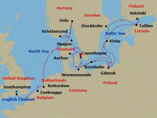 22 Night - Scandinavia & Baltic Explorer - Regal Princess - Starting in Southampton (for London), England, Zeebrugge (for Brussels / Bruges), Belgium, Rotterdam, the Netherlands, Oslo, Norway, Kristiansand, Norway, Skagen, Denmark, Copenhagen, Denmark, Warnemunde (for Berlin), Germany, Bornholm, Denmark, Gdansk (Gdynia), Poland, Visby, Sweden, Tallinn, Estonia, Helsinki, Finland, Tallinn, Estonia, Stockholm, Sweden, Visby, Sweden, Gdansk (Gdynia), Poland, Bornholm, Denmark, Aarhus, Denmark, Copenhagen, Denmark itinerary map
