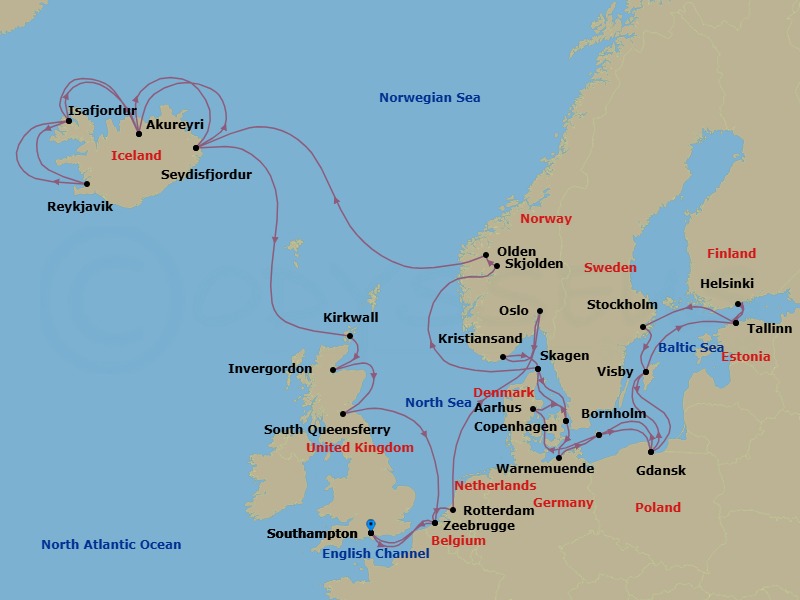 41 Night - Northern Europe Explorer - Regal Princess - Starting in Southampton (for London), England, Zeebrugge (for Brussels / Bruges), Belgium, Rotterdam, the Netherlands, Oslo, Norway, Kristiansand, Norway, Skagen, Denmark, Copenhagen, Denmark, Warnemunde (for Berlin), Germany, Bornholm, Denmark, Gdansk (Gdynia), Poland, Visby, Sweden, Tallinn, Estonia, Helsinki, Finland, Tallinn, Estonia, Stockholm, Sweden, Visby, Sweden, Gdansk (Gdynia), Poland, Bornholm, Denmark, Aarhus, Denmark, Copenhagen, Denmark, Skagen, Denmark, Hardangerfjord (Scenic Cruising), Norway, Skjolden / Sognefjord, Norway, Olden, Norway, Seydisfjordur, Iceland, Akureyri, Iceland, Isafjordur, Iceland, Reykjavik, Iceland, Isafjordur, Iceland, Akureyri, Iceland, Seydisfjordur, Iceland, Orkney Islands (Kirkwall), Scotland, Invergordon, Scotland, Edinburgh (South Queensferry), Scotland, Zeebrugge (for Brussels / Bruges), Belgium, Southampton (for London), England itinerary map