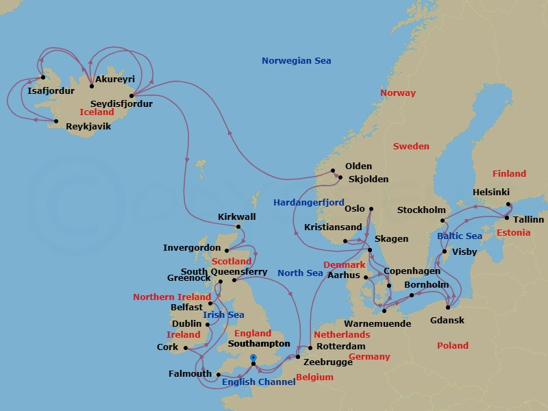 49 Night - Northern Europe Explorer - Regal Princess - Starting in Southampton (for London), England, Zeebrugge (for Brussels / Bruges), Belgium, Rotterdam, the Netherlands, Oslo, Norway, Kristiansand, Norway, Skagen, Denmark, Copenhagen, Denmark, Warnemunde (for Berlin), Germany, Bornholm, Denmark, Gdansk (Gdynia), Poland, Visby, Sweden, Tallinn, Estonia, Helsinki, Finland, Tallinn, Estonia, Stockholm, Sweden, Visby, Sweden, Gdansk (Gdynia), Poland, Bornholm, Denmark, Aarhus, Denmark, Copenhagen, Denmark, Skagen, Denmark, Hardangerfjord (Scenic Cruising), Norway, Skjolden / Sognefjord, Norway, Olden, Norway, Seydisfjordur, Iceland, Akureyri, Iceland, Isafjordur, Iceland, Reykjavik, Iceland, Isafjordur, Iceland, Akureyri, Iceland, Seydisfjordur, Iceland, Orkney Islands (Kirkwall), Scotland, Invergordon, Scotland, Edinburgh (South Queensferry), Scotland, Zeebrugge (for Brussels / Bruges), Belgium, Southampton (for London), England, Cornwall (Falmouth), England, Cork, Ireland (Cobh / for Blarney Castle), Dublin (Dun Laoghaire), Ireland, Belfast, Northern Ireland, Glasgow (Greenock), Scotland, Southampton (for London), England itinerary map