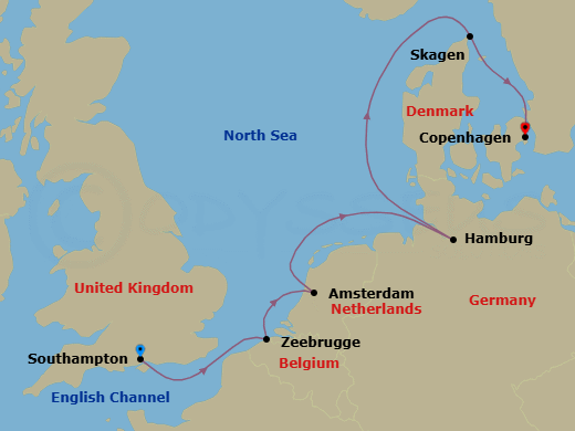 7 Night - Northern Europe Capitals - Regal Princess - Starting in Southampton (for London), England, Zeebrugge (for Brussels / Bruges), Belgium, Amsterdam, Netherlands, Hamburg, Germany (for Berlin), Skagen, Denmark, Copenhagen, Denmark itinerary map