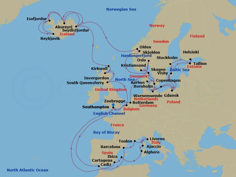 56 Night - Ultimate European Journey - Regal Princess - Starting in Southampton (for London), England, Seville (Cadiz), Spain, Barcelona, Spain, Toulon / Provence (La Seyne), France, Livorno (for Florence / Pisa), Italy, Corsica (Ajaccio), France, Sardinia (Alghero), Italy, Ibiza, Spain, Cartagena ES, Southampton (for London), England, Zeebrugge (for Brussels / Bruges), Belgium, Rotterdam, the Netherlands, Oslo, Norway, Kristiansand, Norway, Skagen, Denmark, Copenhagen, Denmark, Warnemunde (for Berlin), Germany, Bornholm, Denmark, Gdansk (Gdynia), Poland, Visby, Sweden, Tallinn, Estonia, Helsinki, Finland, Tallinn, Estonia, Stockholm, Sweden, Visby, Sweden, Gdansk (Gdynia), Poland, Bornholm, Denmark, Aarhus, Denmark, Copenhagen, Denmark, Skagen, Denmark, Hardangerfjord (Scenic Cruising), Norway, Skjolden / Sognefjord, Norway, Olden, Norway, Seydisfjordur, Iceland, Akureyri, Iceland, Isafjordur, Iceland, Reykjavik, Iceland, Isafjordur, Iceland, Akureyri, Iceland, Seydisfjordur, Iceland, Orkney Islands (Kirkwall), Scotland, Invergordon, Scotland, Edinburgh (South Queensferry), Scotland, Zeebrugge (for Brussels / Bruges), Belgium, Southampton (for London), England itinerary map