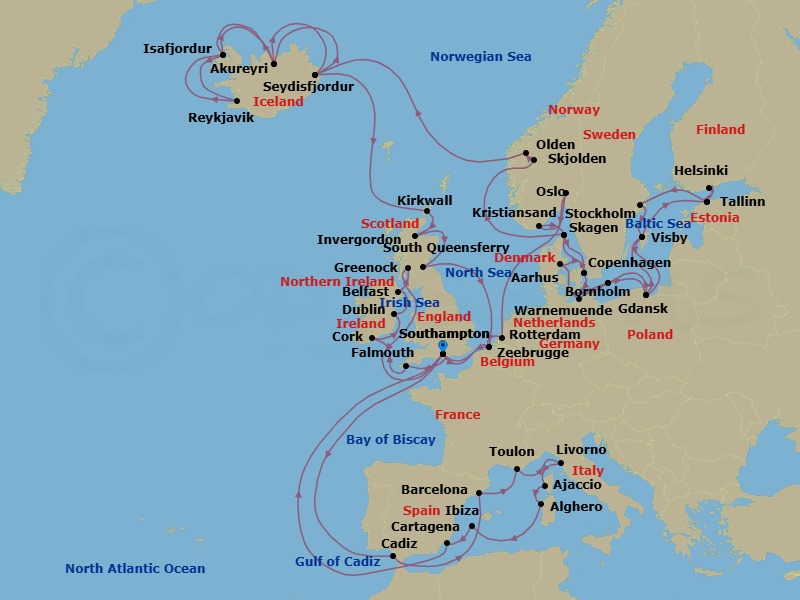 64 Night - Ultimate European Journey - Regal Princess - Starting in Southampton (for London), England, Seville (Cadiz), Spain, Barcelona, Spain, Toulon / Provence (La Seyne), France, Livorno (for Florence / Pisa), Italy, Corsica (Ajaccio), France, Sardinia (Alghero), Italy, Ibiza, Spain, Cartagena ES, Southampton (for London), England, Zeebrugge (for Brussels / Bruges), Belgium, Rotterdam, the Netherlands, Oslo, Norway, Kristiansand, Norway, Skagen, Denmark, Copenhagen, Denmark, Warnemunde (for Berlin), Germany, Bornholm, Denmark, Gdansk (Gdynia), Poland, Visby, Sweden, Tallinn, Estonia, Helsinki, Finland, Tallinn, Estonia, Stockholm, Sweden, Visby, Sweden, Gdansk (Gdynia), Poland, Bornholm, Denmark, Aarhus, Denmark, Copenhagen, Denmark, Skagen, Denmark, Hardangerfjord (Scenic Cruising), Norway, Skjolden / Sognefjord, Norway, Olden, Norway, Seydisfjordur, Iceland, Akureyri, Iceland, Isafjordur, Iceland, Reykjavik, Iceland, Isafjordur, Iceland, Akureyri, Iceland, Seydisfjordur, Iceland, Orkney Islands (Kirkwall), Scotland, Invergordon, Scotland, Edinburgh (South Queensferry), Scotland, Zeebrugge (for Brussels / Bruges), Belgium, Southampton (for London), England, Cornwall (Falmouth), England, Cork, Ireland (Cobh / for Blarney Castle), Dublin (Dun Laoghaire), Ireland, Belfast, Northern Ireland, Glasgow (Greenock), Scotland, Southampton (for London), England itinerary map