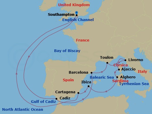 15 Night - Mediterranean Adventurer - Regal Princess - Starting in Southampton (for London), England, Seville (Cadiz), Spain, Barcelona, Spain, Toulon / Provence (La Seyne), France, Livorno (for Florence / Pisa), Italy, Corsica (Ajaccio), France, Sardinia (Alghero), Italy, Ibiza, Spain, Cartagena ES, Southampton (for London), England itinerary map