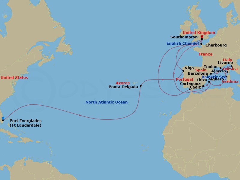 28 Night - Western Europe Grand Adventure - Regal Princess - Starting in Fort Lauderdale, Florida, Azores Islands (Ponta Delgada), Portugal, Vigo, Spain (for Santiago de Compostela), Cherbourg, France, Southampton (for London), England, Seville (Cadiz), Spain, Barcelona, Spain, Toulon / Provence (La Seyne), France, Livorno (for Florence / Pisa), Italy, Corsica (Ajaccio), France, Sardinia (Alghero), Italy, Ibiza, Spain, Cartagena ES, Southampton (for London), England itinerary map