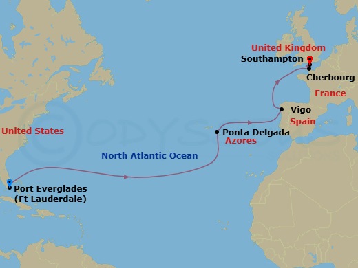 13 Night - Western Europe Passage - Regal Princess - Starting in Fort Lauderdale, Florida, Azores Islands (Ponta Delgada), Portugal, Vigo, Spain (for Santiago de Compostela), Cherbourg, France, Southampton (for London), England itinerary map