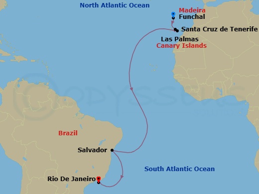 12 Night - Msc Grand Voyages - MSC Virtuosa - Starting in Funchal (Madeira Islands), Portugal, Santa Cruz de Tenerife, Las Palmas de Gran Canaria (Canary Islands), Spain, Salvador, Brazil, Rio De Janeiro, Brazil itinerary map