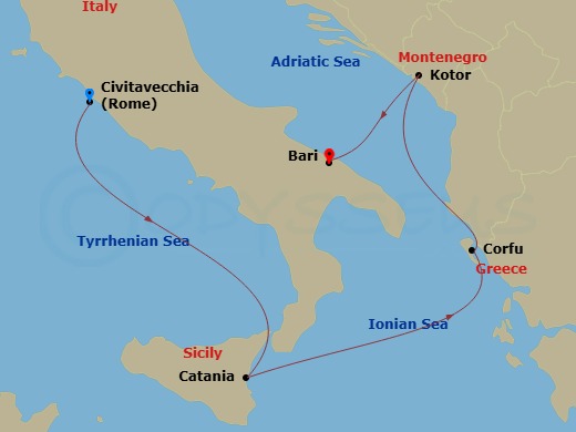 4 Night - Mediterranean - MSC Orchestra - Starting in Civitavecchia (Rome), Italy, Catania, Italy, Corfu, Greece, Kotor, Montenegro, Bari, Italy itinerary map