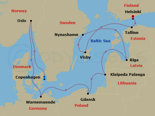 10 Night - Europe - Baltic - Norwegian Jewel - Starting in Copenhagen, Denmark, Oslo, Norway, Warnemunde / Berlin, Germany, Gdynia / Gdansk, Poland, Klaipeda, Lithuania, Riga, Latvia, Nynashamn / Stockholm, Sweden, Visby, Sweden, Tallinn, Estonia, Helsinki, Finland itinerary map
