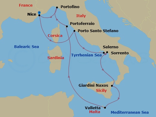 9 Night - Nice to Nice - Silver Shadow - Starting in Nice, Porto Santo Stefano, Sorrento, Salerno, Giardini Naxos (Sicily), Valletta, Portoferraio (Elba), Portofino, Nice itinerary map