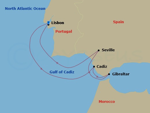 6 Night - Portugal & Spain Cruise : Lisbon, Cadiz & Seville - Azamara Journey - Starting in Lisbon, Cadiz, Gibraltar, Seville, Lisbon itinerary map