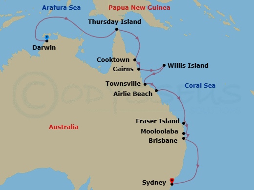 16 Night - Wildlife & Wine - Seven Seas Navigator - Starting in Darwin, Cruising the Timor Sea, Thursday Island, Cruising the Arafura Sea, Cooktown, Cairns, Willis Island (Technical Call), Townsville, Airlie Beach, Cruising the Coral Sea, Kingfisher Bay (Fraser Island), Mooloolaba, Brisbane, Cruising the Tasman Sea, Sydney AU itinerary map
