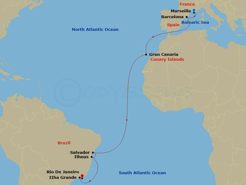 15 Night - Msc Grand Voyages - MSC Divina - Starting in Marseille (Provence), France, Barcelona, Spain, Las Palmas de Gran Canaria (Canary Islands), Spain, Salvador, Brazil, Ilheus, Brazil, Ilha Grande, Brazil, Rio De Janeiro, Brazil itinerary map