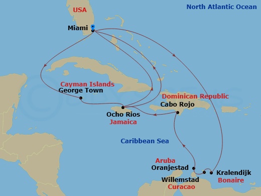 15 Night - Caribbean and Antilles - MSC Poesia - Starting in Miami, George Town, Cayman Islands, Ocho Rios, Jamaica, Miami, Kralendijk, Bonaire, Oranjestad, Aruba, Willemstad AN, Curacao, Cabo Rojo, Dominican Republic, Ocho Rios, Jamaica, Miami itinerary map