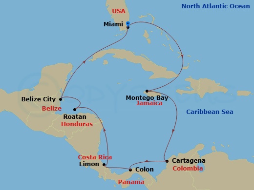 11 Night - Caribbean and Antilles - MSC Poesia - Starting in Miami, Montego Bay, Jamaica, Cartagena CO, Colon, Panama, Puerto Limon, Costa Rica, Isla De Roatan, Honduras, Belize City, Belize, Miami itinerary map