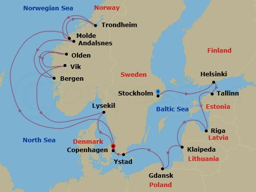 17 Night - Northern Europe from Stockholm to Copenhagen - Silver Dawn - Starting in Stockholm, Helsinki, Tallinn, Riga, Klaipeda, Gdansk, Ystad, Copenhagen, Molde, Trondheim, Andalsnes, Bergen, Olden, Vik, Lysekil, Copenhagen itinerary map
