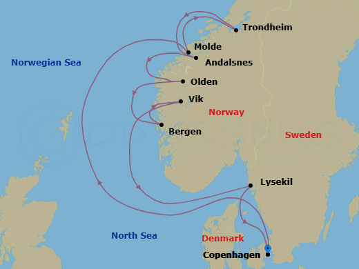 10 Night - Copenhagen to Copenhagen - Silver Dawn - Starting in Copenhagen, Molde (Romsdal), Trondheim (Trondelag), Andalsnes, Olden, Bergen, Vik, Lysekil, Copenhagen itinerary map