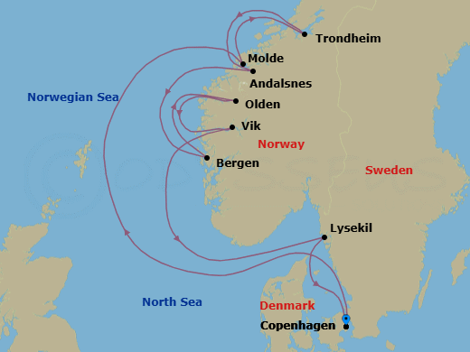 10 Night - Copenhagen to Copenhagen - Silver Dawn - Starting in Copenhagen, Molde (Romsdal), Trondheim (Trondelag), Andalsnes, Bergen, Olden, Vik, Lysekil, Copenhagen itinerary map