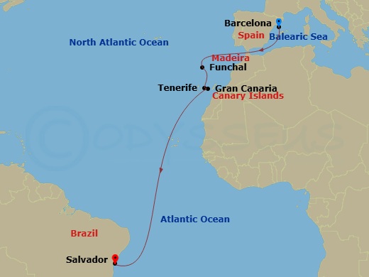 12 Night - Msc Grand Voyages - MSC Virtuosa - Starting in Barcelona, Spain, Funchal (Madeira Islands), Portugal, Santa Cruz de Tenerife, Las Palmas de Gran Canaria (Canary Islands), Spain, Salvador, Brazil itinerary map