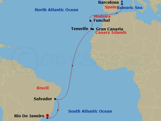 15 Night - Msc Grand Voyages - MSC Virtuosa - Starting in Barcelona, Spain, Funchal (Madeira Islands), Portugal, Santa Cruz de Tenerife, Las Palmas de Gran Canaria (Canary Islands), Spain, Salvador, Brazil, Rio De Janeiro, Brazil itinerary map