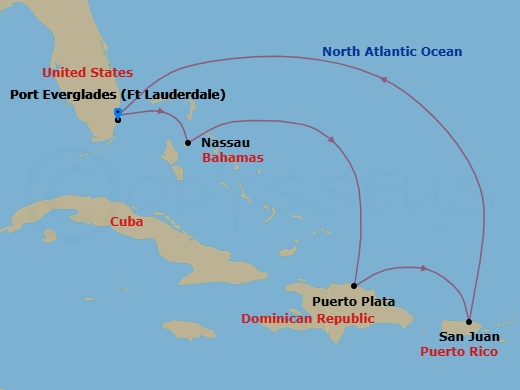 7 Night - Eastern Caribbean Holiday - Brilliance of the Seas - Starting in Fort Lauderdale, Florida, Nassau, Bahamas, Puerto Plata, Dominican Republic, San Juan, Puerto Rico, Fort Lauderdale, Florida itinerary map
