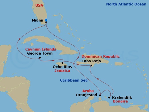10 Night - Caribbean and Antilles - MSC Poesia - Starting in Miami, Oranjestad, Aruba, Kralendijk, Bonaire, Cabo Rojo, Dominican Republic, Ocho Rios, Jamaica, George Town, Cayman Islands, Miami itinerary map