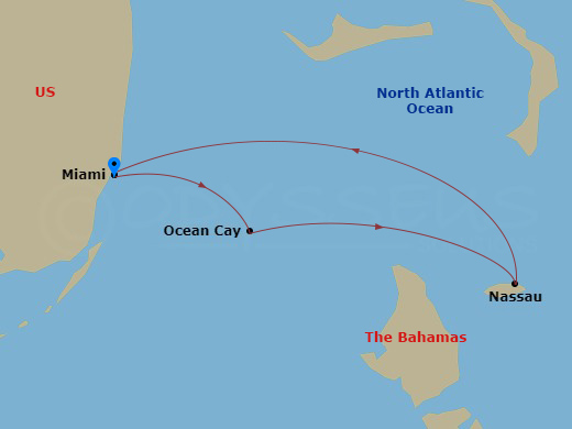 4 Night - Caribbean and Antilles - MSC Seaside - Starting in Miami, Ocean Cay Msc Marine Reserve, Bahamas, Nassau, Bahamas, Miami itinerary map