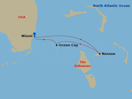 4 Night - Caribbean and Antilles - MSC Seaside - Starting in Miami, Nassau, Bahamas, Ocean Cay Msc Marine Reserve, Bahamas, Miami itinerary map