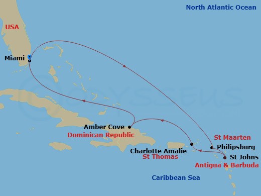 8 Night - Mia - MSC Meraviglia - Starting in Miami, Philipsburg, St Maarten, St Johns AG, Antigua, Charlotte Amalie (St Thomas), Amber Cove, Dominican Republic, Miami itinerary map